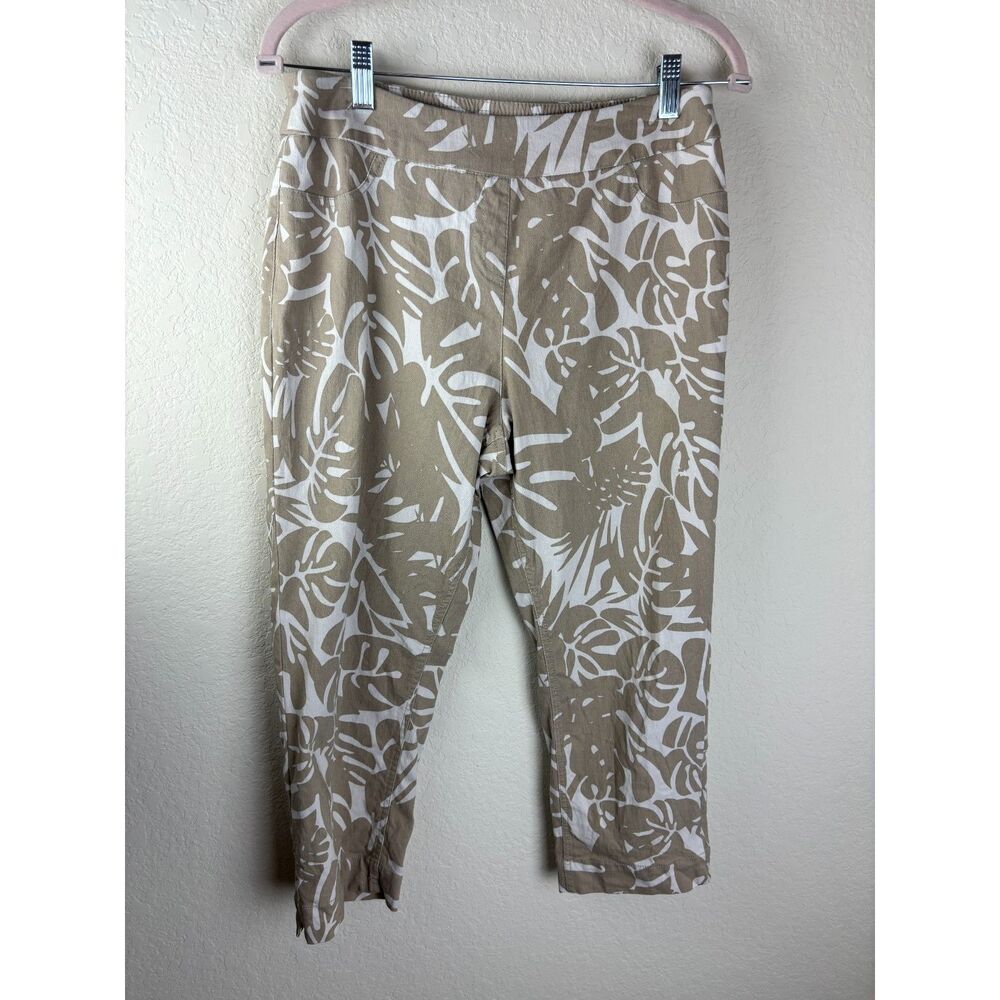 Soft Surroundings Pull On Crop Pants Palm Leaf Print Tan Size Medium Petite